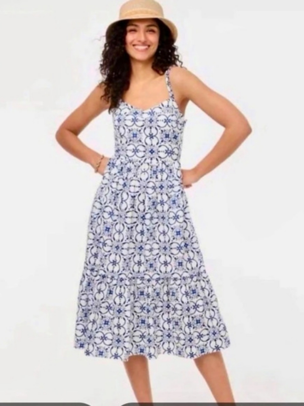 J.Crew Printed Midi Corset Dress in White & Blue